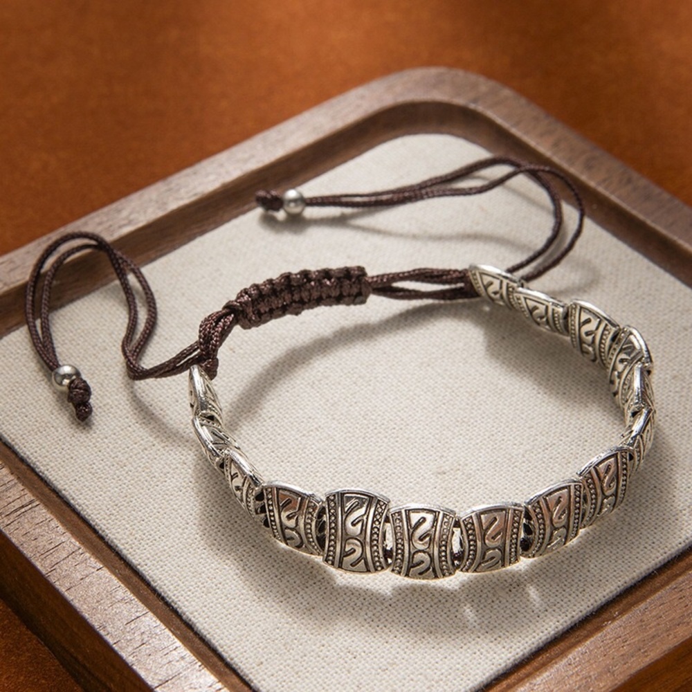Silver-Tone Braided Cord Men's Bracelet - Brown Adjustable Band
